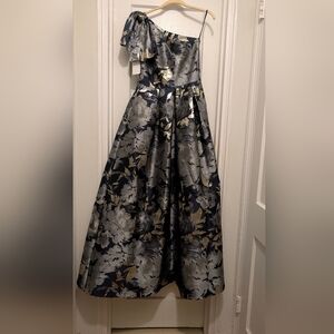 Eliza J One-Shoulder Metallic Floral Ball Gown in Navy, Silver, Gold with Pocket